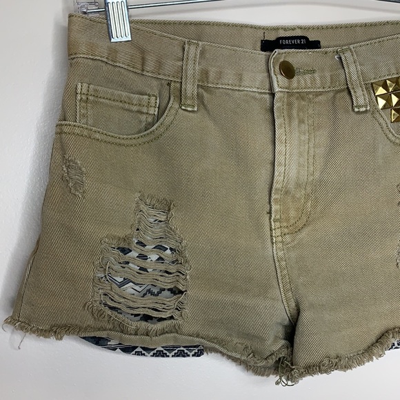 Forever 21 | Green Gold Studded Distressed Shorts - Picture 3 of 10